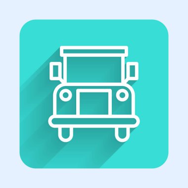 Beyaz çizgi okul servisi simgesi uzun gölgeli izole edilmiş. Toplu taşıma sembolü. Yeşil kare düğmesi. Vektör İllüstrasyonu