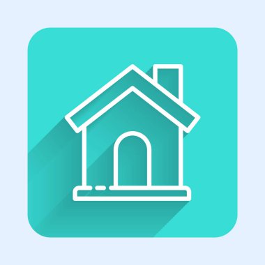 Beyaz çizgi ev ikonu uzun gölgeli izole edilmiş. Ev sembolü. Yeşil kare düğmesi. Vektör İllüstrasyonu