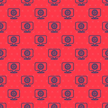 Mavi çizgili terzi dükkânı simgesi kırmızı arka planda izole edilmiş. Vektör İllüstrasyonu