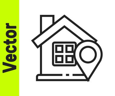 Beyaz zemin üzerinde ev simgesi olan siyah çizgi haritası işaretçisi. Ev konumu belirleyici sembol. Vektör İllüstrasyonu