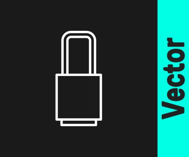 Siyah arkaplanda beyaz çizgi kilidi simgesi izole edildi. Asma kilit işareti. Güvenlik, güvenlik, koruma, gizlilik kavramı. Vektör İllüstrasyonu