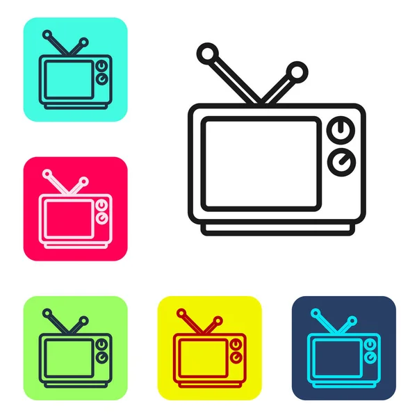 黑线复古电视图标孤立在白色背景 电视信号 在彩色正方形按钮中设置图标 病媒图解 — 图库矢量图片