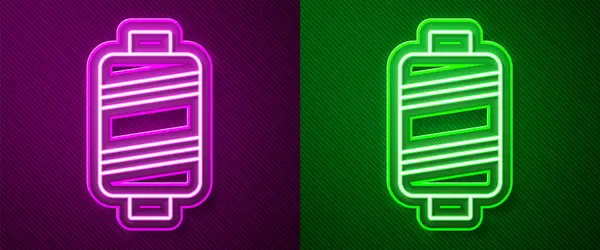 Glödande Neon Linje Sytråd Spolen Ikon Isolerad Lila Och Grön — Stock vektor