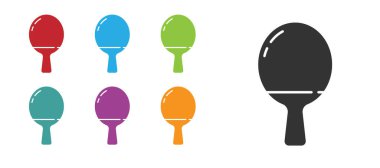 Masa tenisi ikonunu oynamak için siyah raket beyaz arka planda izole edilmiş. Simgeleri renklendirin. Vektör İllüstrasyonu