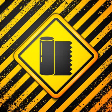 Siyah Tekstil kumaş rulo ikonu sarı arka planda izole edildi. Yuvarlan, paspas, halı, halı, halı ya da kağıt rulo ikonu. Uyarı işareti. Vektör İllüstrasyonu