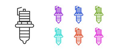 Siyah çizgi araba buji simgesi beyaz arkaplanda izole edildi. Araba elektrikli mumu. Simgeleri renklendirin. Vektör İllüstrasyonu