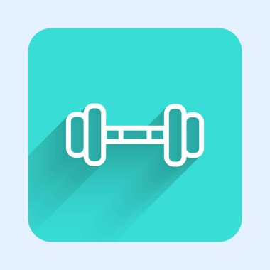 Beyaz çizgi Dumbbell simgesi uzun gölgeli izole edilmiş. Kas kaldırma ikonu, fitness halteri, spor aletleri, egzersiz yaban domuzu. Yeşil kare düğmesi. Vektör İllüstrasyonu