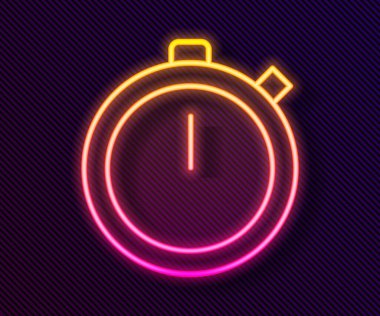 Parlayan neon hattı Stopwatch simgesi siyah arkaplanda izole edildi. Zaman göstergesi. Kronometre işareti. Vektör İllüstrasyonu
