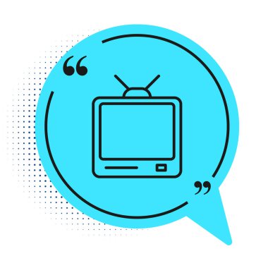 Siyah çizgi Retro TV simgesi beyaz arkaplanda izole edildi. Televizyon tabelası. Mavi konuşma balonu sembolü. Vektör İllüstrasyonu