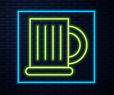 Parlayan neon hattı ahşap bardak ikonu tuğla duvar arkasında izole edilmiş. Vektör İllüstrasyonu