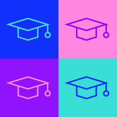 Pop Art Line mezuniyet kapağı simgesi renk arkaplanında izole edildi. Tassel ikonlu mezuniyet şapkası. Vektör İllüstrasyonu