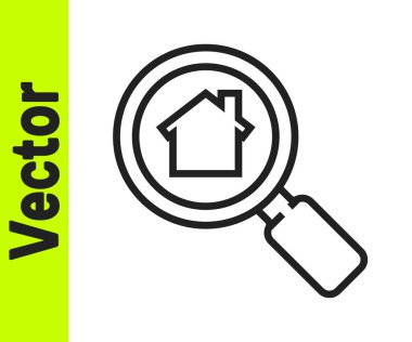 Siyah çizgi arama evi simgesi beyaz arkaplanda izole edildi. Büyüteç altındaki bir evin emlak sembolü. Vektör İllüstrasyonu