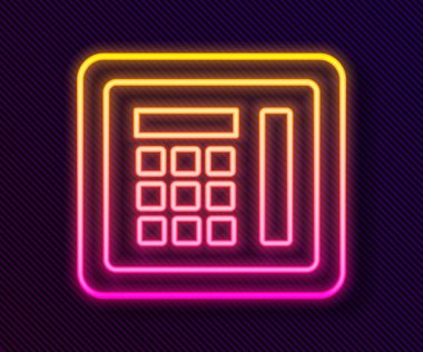 Parlayan neon hattı siyah arkaplanda güvenli simge. Kapı, şifreli bir banka kasası. Güvenilir Veri Koruma. Vektör İllüstrasyonu