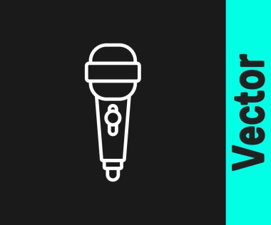 Beyaz çizgi mikrofon simgesi siyah arkaplanda izole edildi. Radyodaki mikrofondan. Sözcü işareti. Vektör İllüstrasyonu