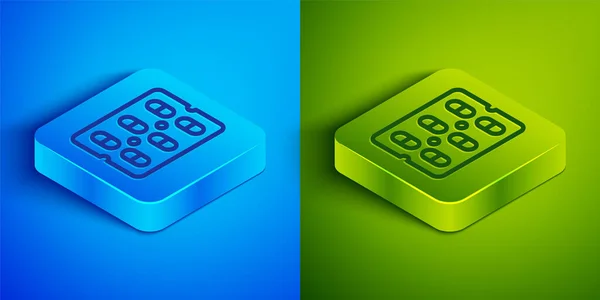 Linha Isométrica Pills Blister Pack Icon Isolated Blue Green Background — Vetor de Stock