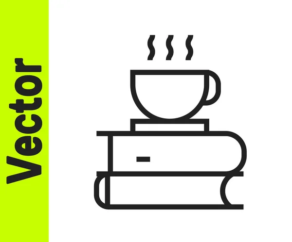 Línea Negra Taza Café Libro Icono Aislado Sobre Fondo Blanco — Vector de stock