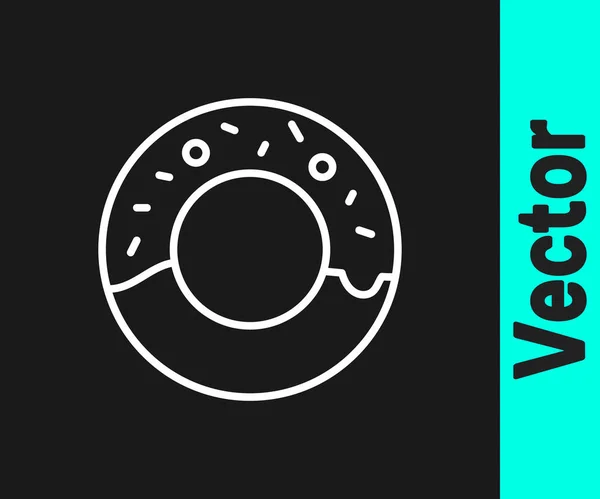 Vit Linje Donut Med Söt Glasyr Ikon Isolerad Svart Bakgrund — Stock vektor