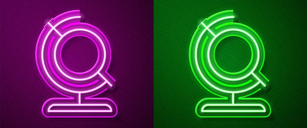 Сяюча Неонова Лінія Значка Земної Кулі Ізольована Фіолетовому Зеленому Тлі — стоковий вектор