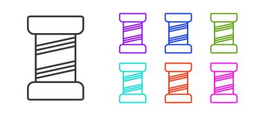 Beyaz arkaplanda izole edilmiş siyah çizgi dikiş ipliği. İplik makarası. İplik kutusu. Simgeleri renklendirin. Vektör İllüstrasyonu