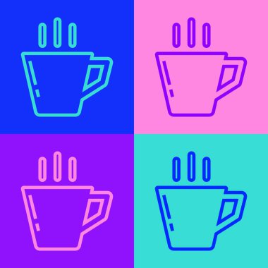 Pop Art Line Kahve fincanı ikonu renkli arka planda izole edilmiş. Çay fincanı. Sıcak içecek kahvesi. Vektör İllüstrasyonu