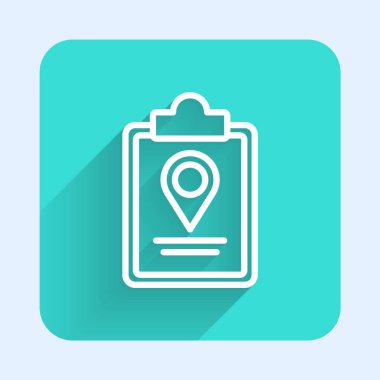 Konum belirleyici simgesiyle birlikte uzun gölgeli beyaz çizgi haritası. Yeşil kare düğmesi. Vektör İllüstrasyonu