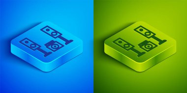 Mavi ve yeşil arkaplanda iki hoparlör simgesine sahip Isometric line Home stereo. Müzik sistemi. Kare düğmesi. Vektör İllüstrasyonu