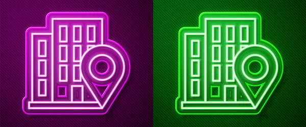 Glowing Neon Line Map Pointer House Icon Isolated Purple Green — Stock Vector
