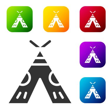 Beyaz arka planda izole edilmiş siyah geleneksel kızılderili çadırı ya da wigwam ikonu. Kızılderili çadırı. Renkli kare düğmelerle simgeleri ayarla. Vektör İllüstrasyonu