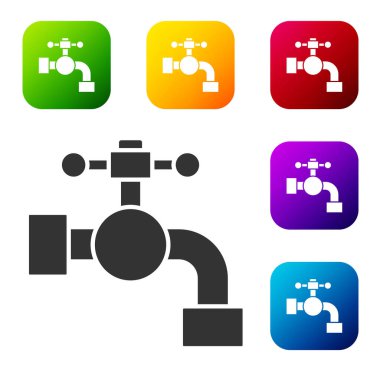 Siyah su musluğu simgesi beyaz arkaplanda izole edildi. Renkli kare düğmelerle simgeleri ayarla. Vektör İllüstrasyonu