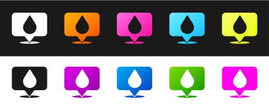 Siyah ve beyaz arkaplanda izole edilmiş konum simgesiyle su damlasını ayarla. Vektör İllüstrasyonu