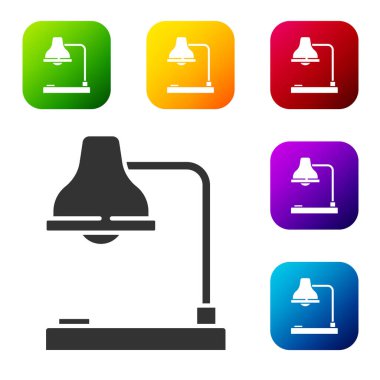 Beyaz arkaplanda siyah masa lambası simgesi izole edildi. Ofis lambası. Renkli kare düğmelerle simgeleri ayarla. Vektör İllüstrasyonu