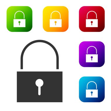 Siyah Kilit simgesi beyaz arkaplanda izole edildi. Asma kilit işareti. Güvenlik, güvenlik, koruma, gizlilik kavramı. Renkli kare düğmelerle simgeleri ayarla. Vektör İllüstrasyonu