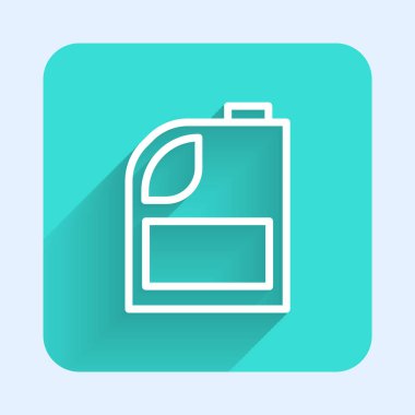 Motor makine yağı ikonu için beyaz çizgi kutusu uzun gölgeli izole edilmiş. Benzin bidonu. Yağ değiştirme ve onarım servisi. Motor yağı işareti. Yeşil kare düğmesi. Vektör İllüstrasyonu