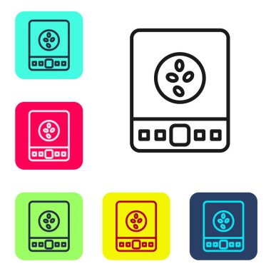 Beyaz arka planda siyah çizgi Elektronik kahve ölçekli ikon izole edildi. Ağırlık ölçüm aletleri. Renkli kare düğmelerle simgeleri ayarla. Vektör İllüstrasyonu