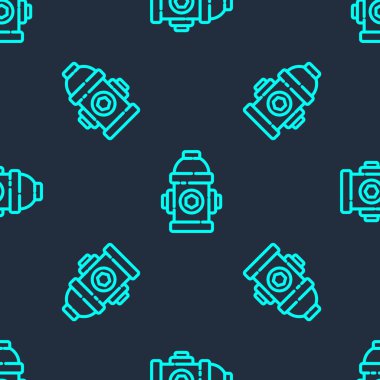 Yeşil çizgi yangın musluğu simgesi mavi arka planda izole edilmiş pürüzsüz desen. Vektör İllüstrasyonu