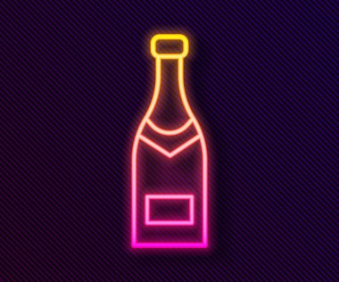 Parlayan neon hattı, siyah arka planda izole edilmiş şampanya şişesi ikonu. Vektör İllüstrasyonu