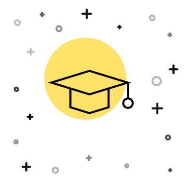 Siyah çizgi mezuniyet başlığı simgesi beyaz arkaplanda izole edildi. Tassel ikonlu mezuniyet şapkası. Rastgele dinamik şekiller. Vektör İllüstrasyonu