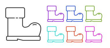 Siyah çizgi, su geçirmez lastik bot simgesi beyaz arkaplanda izole edilmiş. Yağmurlu hava, balıkçılık, bahçe işleri için çizme. Simgeleri renklendirin. Vektör İllüstrasyonu