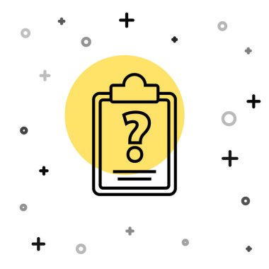 Beyaz arkaplanda soru işaretleri simgesi olan siyah çizgi panosu. Anket, sınav, soruşturma, müşteri destek soruları. Rastgele dinamik şekiller. Vektör İllüstrasyonu