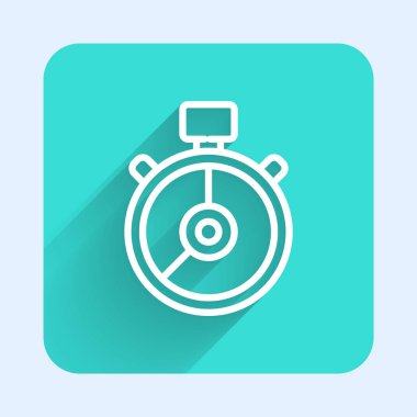 Beyaz çizgi Stopwatch simgesi uzun gölgeli izole edildi. Zaman göstergesi. Kronometre işareti. Yeşil kare düğmesi. Vektör İllüstrasyonu