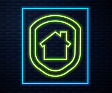 Parlayan neon çizgili ev, tuğla duvar arkasında izole edilmiş koruma simgesi altında. Ev ve kalkan. Koruma, güvenlik, güvenlik, koruma, savunma konsepti. Vektör İllüstrasyonu