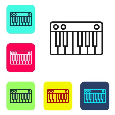 Siyah çizgi müzik sentezleyici simgesi beyaz arkaplanda izole edildi. Elektronik piyano. Renkli kare düğmelerle simgeleri ayarla. Vektör İllüstrasyonu
