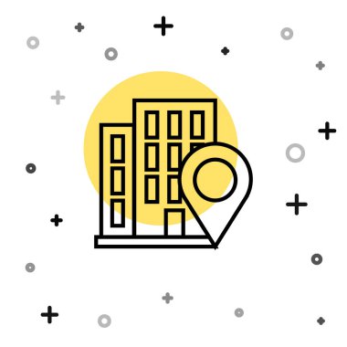 Beyaz zemin üzerinde ev simgesi olan siyah çizgi haritası işaretçisi. Ev konumu belirleyici sembol. Rastgele dinamik şekiller. Vektör İllüstrasyonu