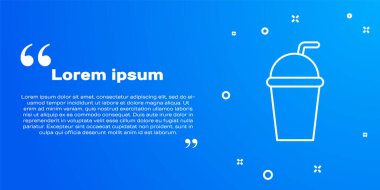Mavi zemin üzerinde saman ve su ikonu olan beyaz çizgi kağıt bardak. Soda bardağı. Taze soğuk içecek sembolü. Vektör İllüstrasyonu