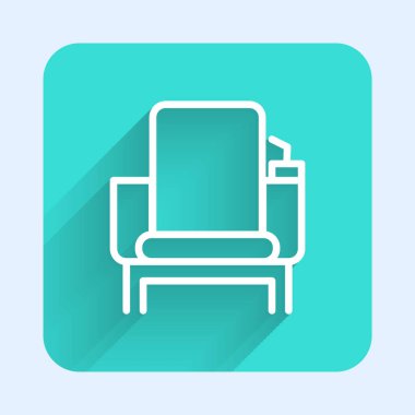 Uzun gölgeli beyaz çizgi sinema koltuğu ikonu. Yeşil kare düğmesi. Vektör İllüstrasyonu