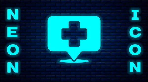 Glowing Neon Medical Map Pointer Cross Hospital Icon Isolated Brick — Stock Vector