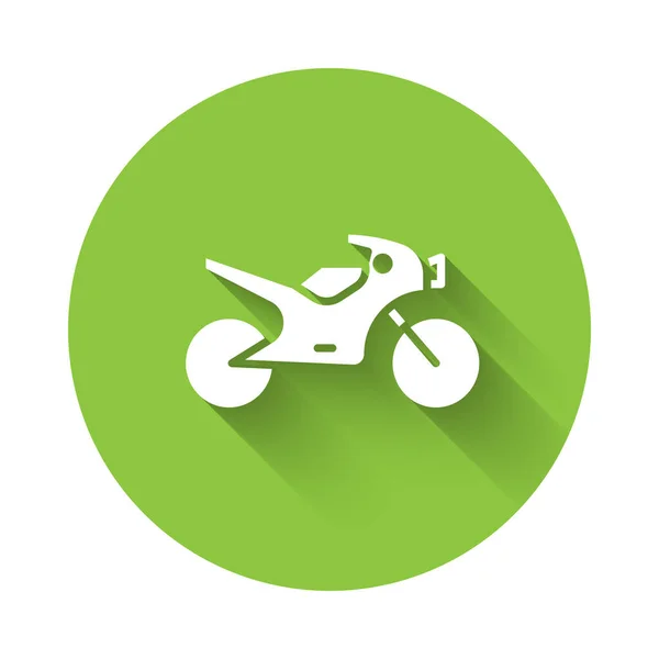 Beyaz Motosiklet Ikonu Uzun Gölgeli Izole Edilmiş Yeşil Daire Düğmesi — Stok Vektör