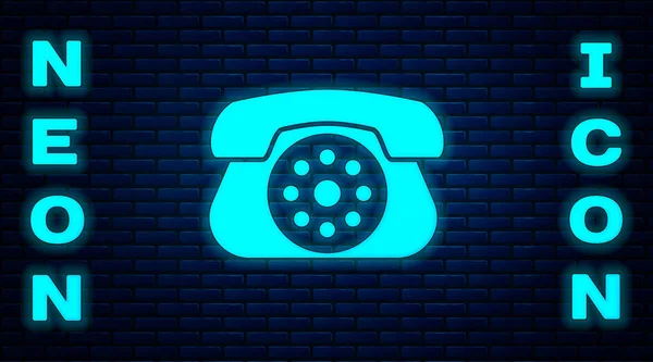 Świecący Neon Ikona Telefonu Izolowane Tle Cegły Ściany Telefon Stacjonarny — Wektor stockowy