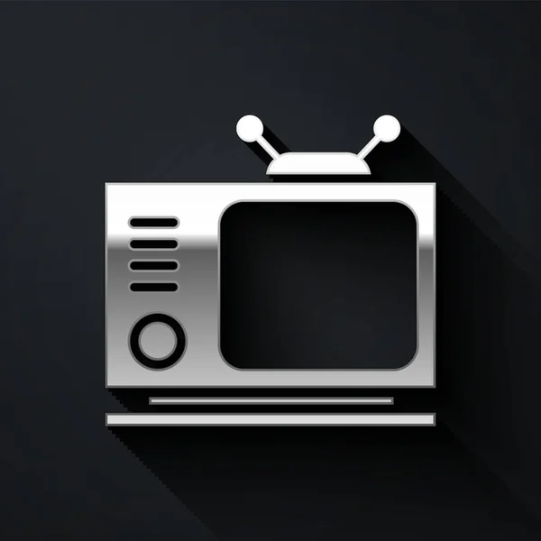 Icono Retro Plateado Aislado Sobre Fondo Negro Señal Televisión Estilo — Vector de stock