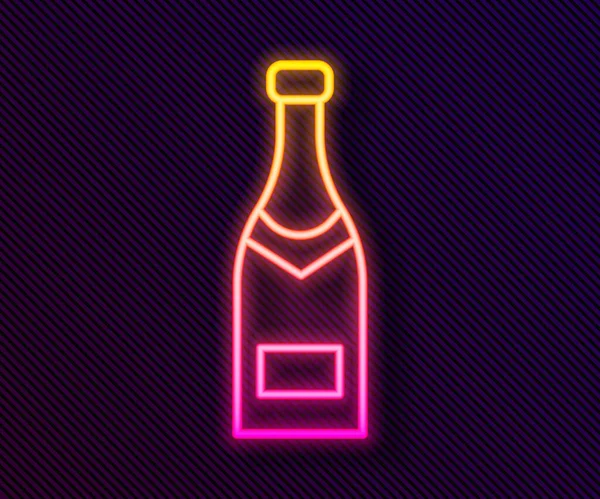 发亮的霓虹灯线香槟瓶子图标隔离在黑色背景 病媒图解 — 图库矢量图片